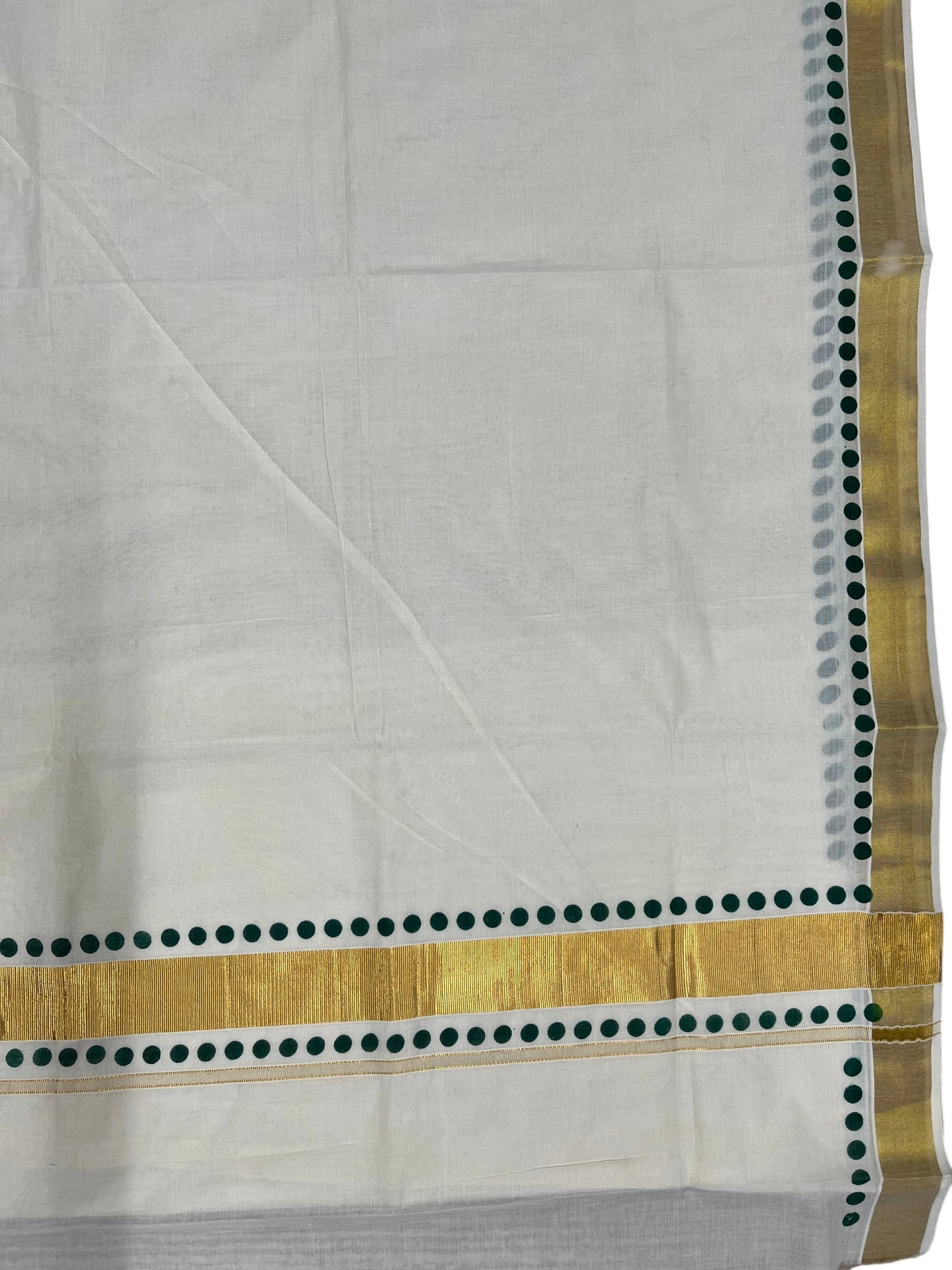 Southloom Cotton Kerala Kasavu Saree with Green Polk Dots Design Border