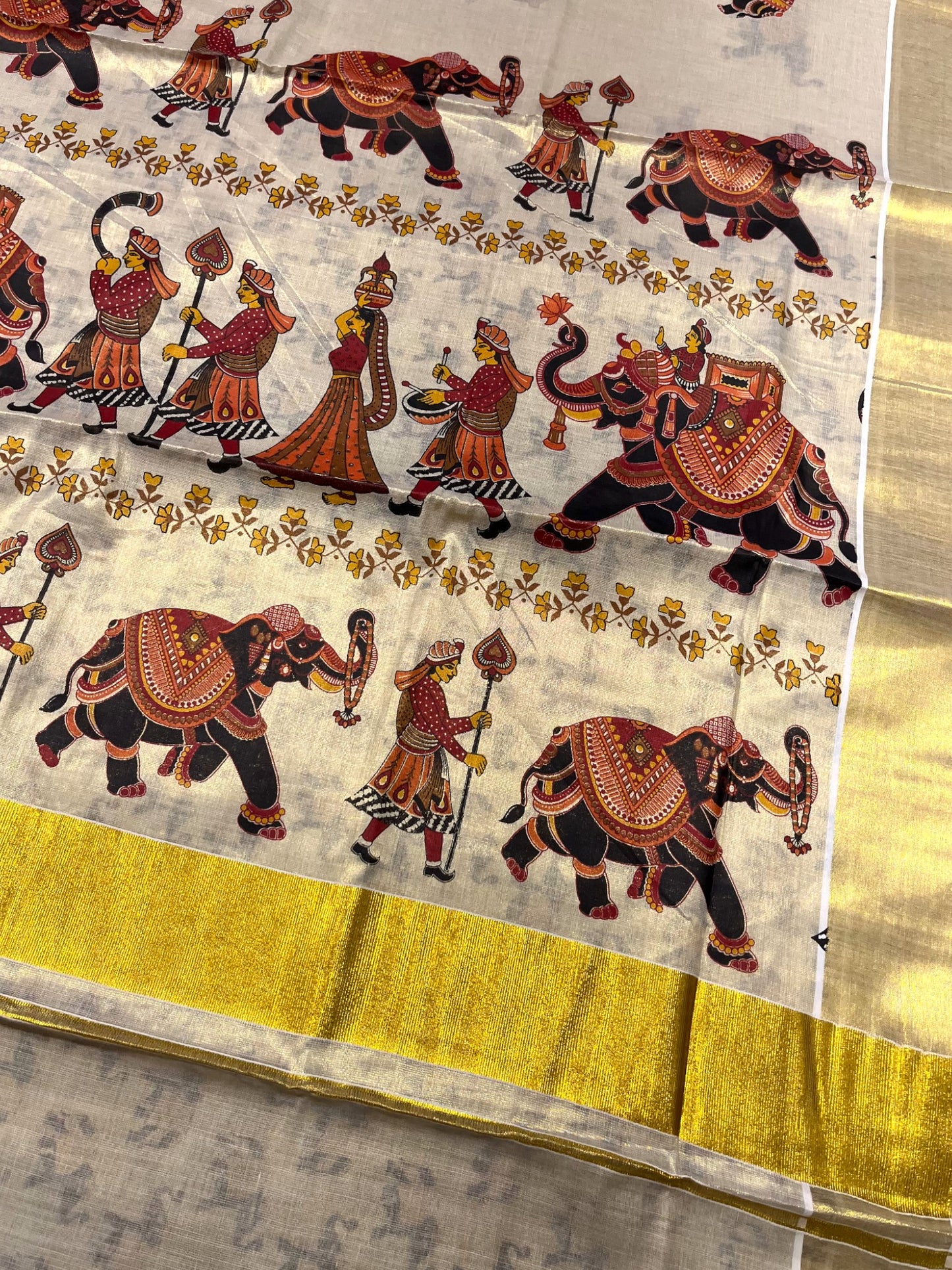 Southloom Kerala Tissue Kasavu Saree With Mural Festival Parasol and Elephant Design