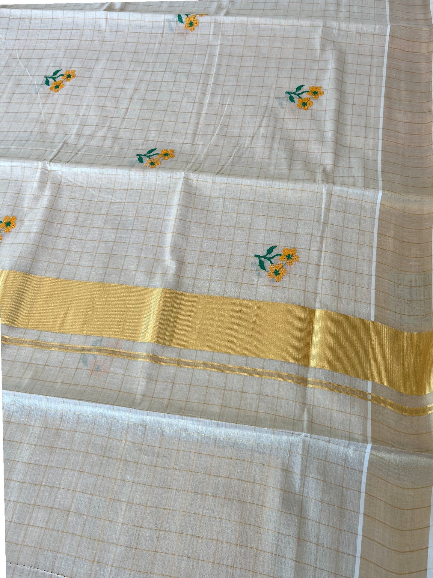 Southloom Kerala Tissue Kasavu Check Saree With Floral Embroidery Work