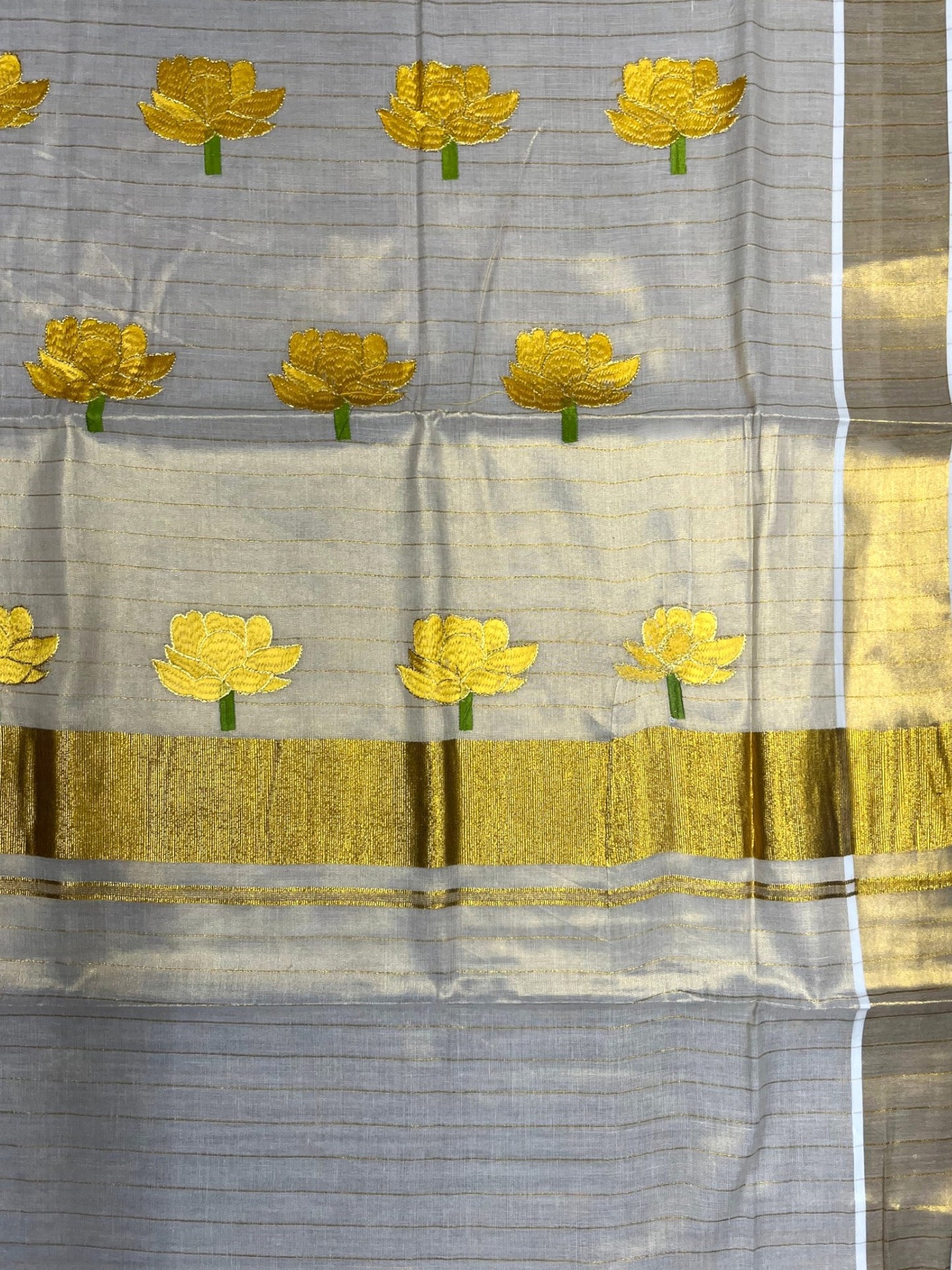 Southloom Kerala Tissue Kasavu Saree with Yellow Lotus Embroidery Design SL289