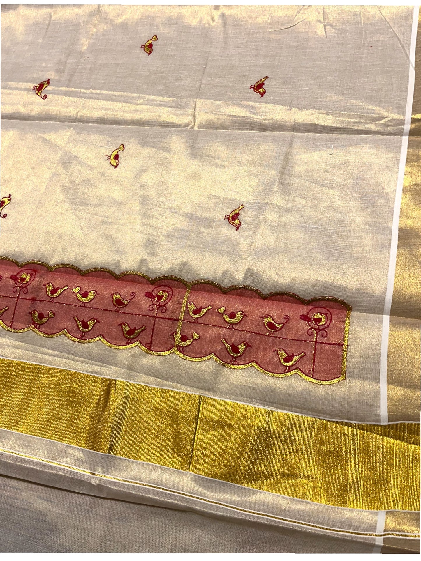 Southloom Tissue Kerala Kasavu Saree with Embroidery Design