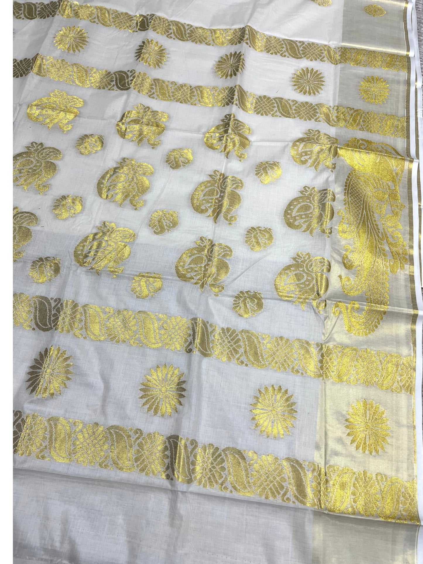 Southloom Pure Cotton Kerala Kasavu Heavy Work Saree with Paisley Floral Woven Design