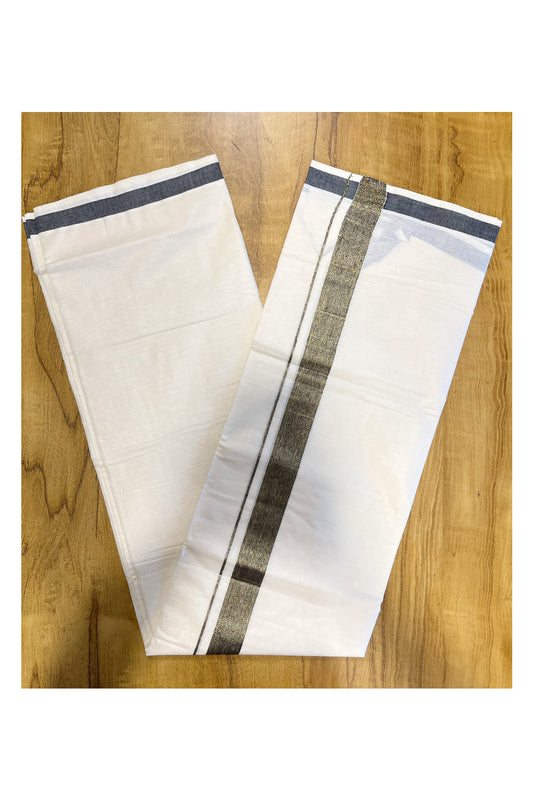 Pure Cotton Mundu with Grey Lines and Black Border (South Indian Kerala Dhoti)