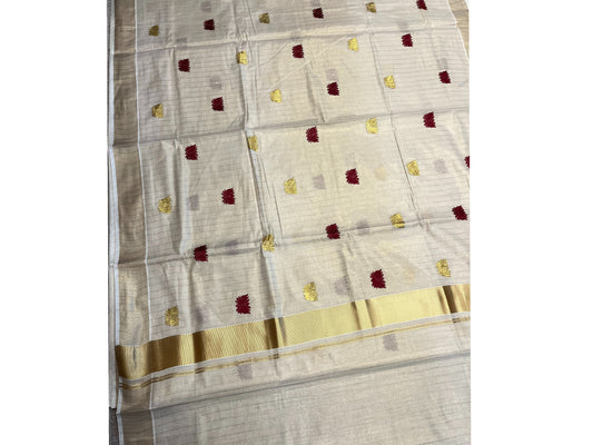 Southloom Kerala Tissue Kasavu Lines Saree with Maroon Lotus Embroidery Works