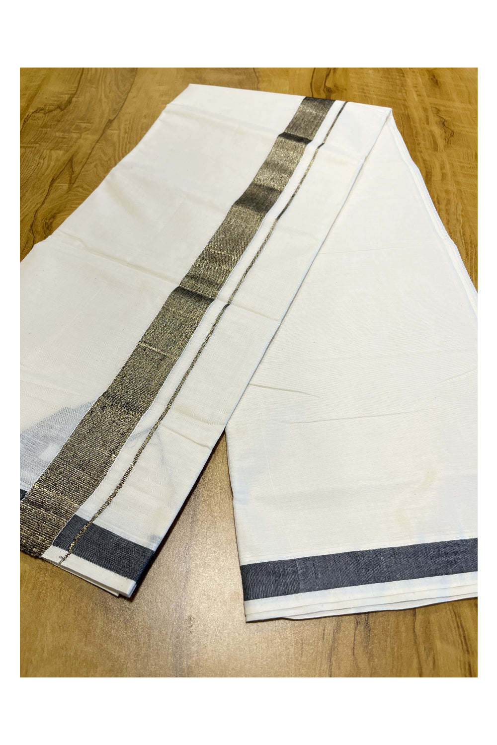 Pure Cotton Mundu with Grey Lines and Black Border (South Indian Kerala Dhoti)