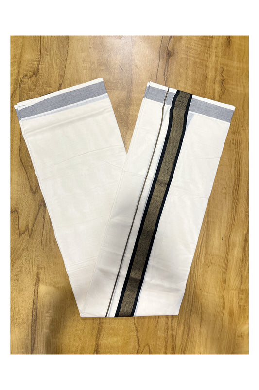 Pure Cotton Mundu with Gold Lines and Black Border (South Indian Kerala Dhoti)