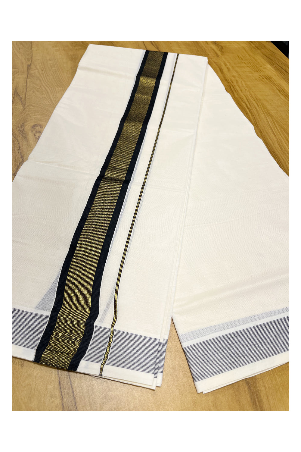 Pure Cotton Mundu with Gold Lines and Black Border (South Indian Kerala Dhoti)