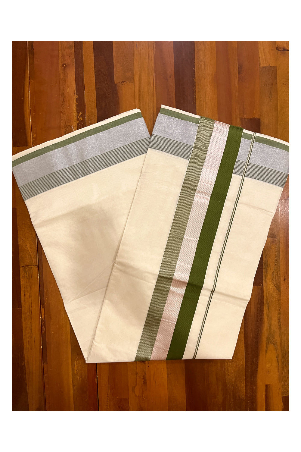 Kerala Pure Cotton Plain Saree with Silver Kasavu and Green Border