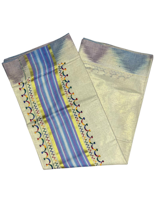 Southloom Kerala Tissue Kasavu Saree with Multi Colour Pochampally Design on Borders and Kara