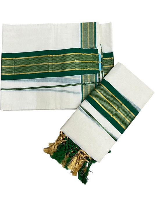 Southloom Kerala Cotton Kasavu Single Set Mundu (Mundum Neriyathum) with Green and Gold Kasavu Lines .SLKK SL518