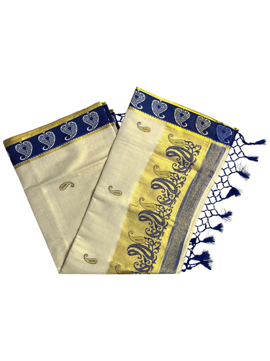Southloom Kerala Tissue Kasavu Plain Saree with Blue Floral Embroidery Works