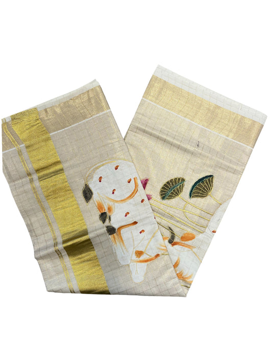 Southloom Tissue Kerala Kasavu Saree with Check Hand Painted Embroidery Nandi and Lotus Design