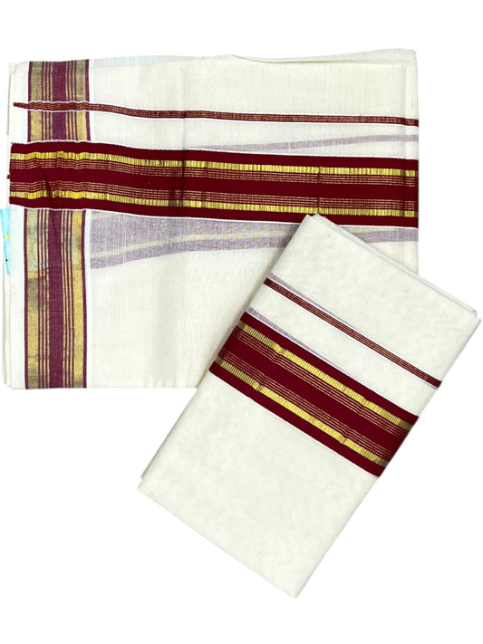 Southloom Kerala Cotton Kasavu Single Set Mundu (Mundum Neriyathum) with Maroon Kasavu Border SLKK