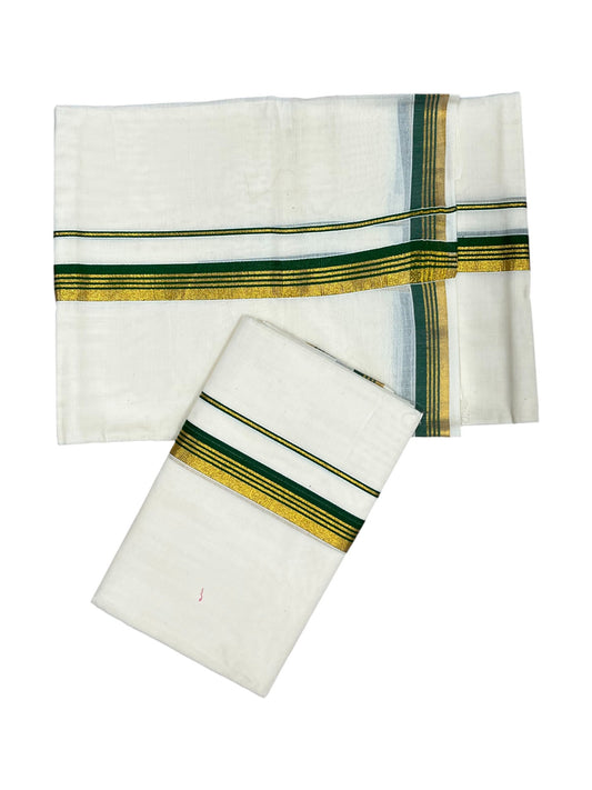 Pure Cotton Kerala Single Set Mundu (Mundum Neriyathum) with Green Kasavu Border in 2.80 Mtrs