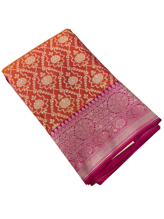 Southloom Pure Banarasi Silk Saree with Woven Work on Body and Borders (Orange And Pink)