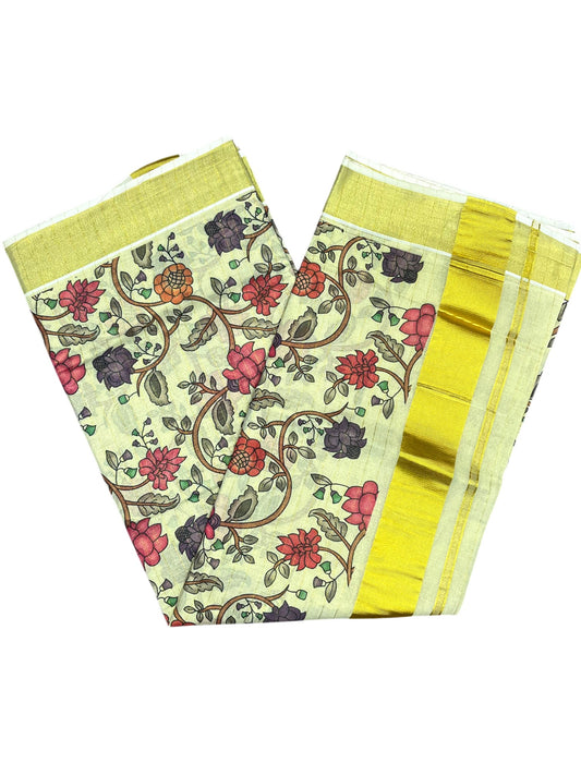Southloom Tissue Stripes Kalamkari Print Kerala Kasavu Saree