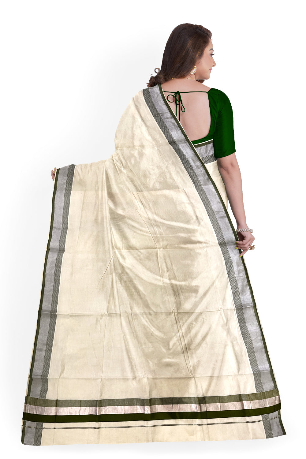 Kerala Pure Cotton Plain Saree with Silver Kasavu and Green Border