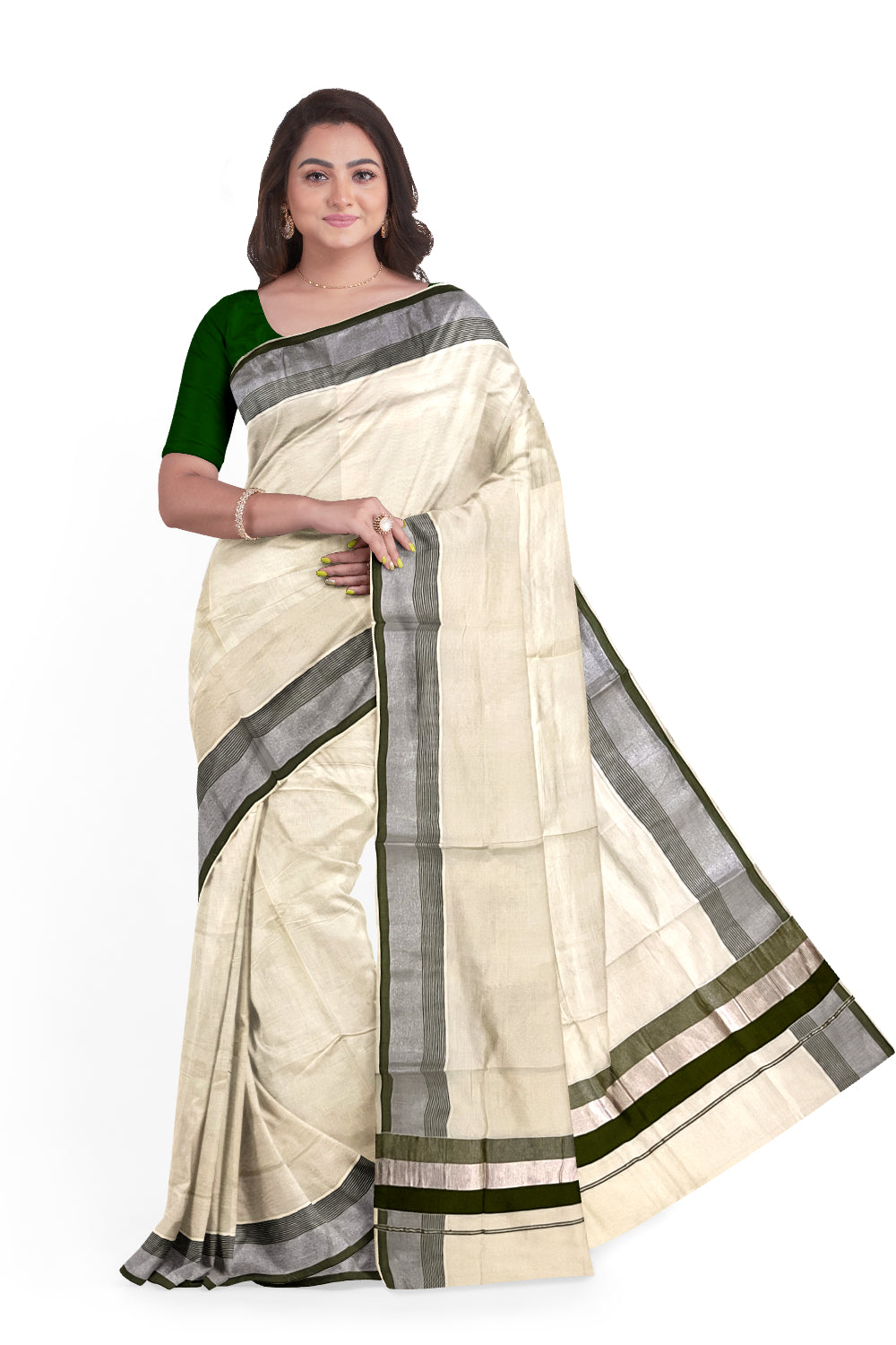 Kerala Pure Cotton Plain Saree with Silver Kasavu and Green Border