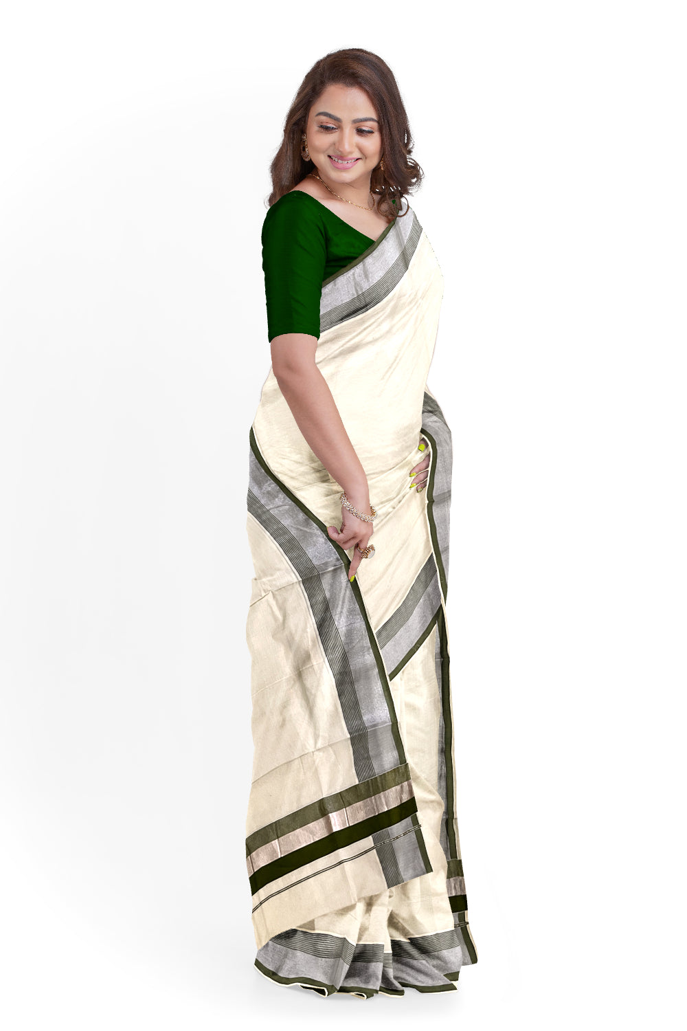 Kerala Pure Cotton Plain Saree with Silver Kasavu and Green Border