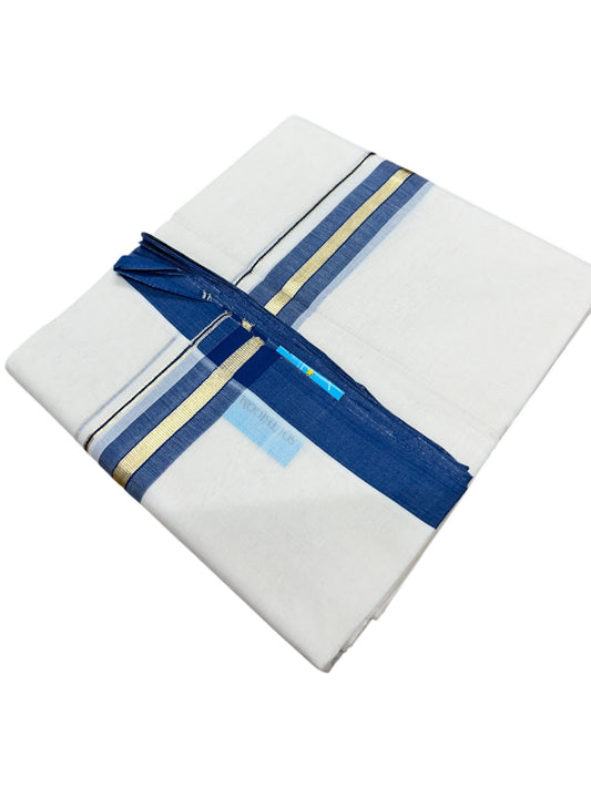 Southloom Balaramapuram Premium Handloom Cotton Double Mundu with Gold Kasavu and Blue Border