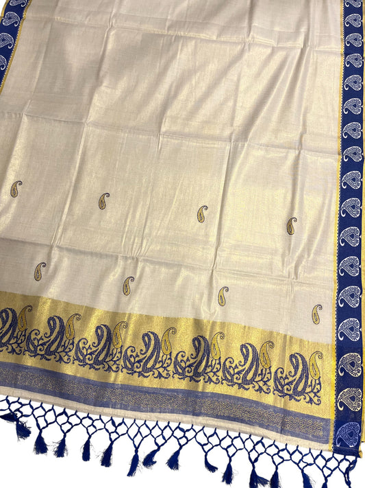 Southloom Kerala Tissue Kasavu Plain Saree with Blue Floral Embroidery Works