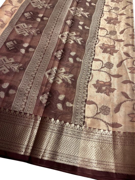 Southloom Tissue Silk Saree with Woven Work on Body and Borders (Peach & Brown)