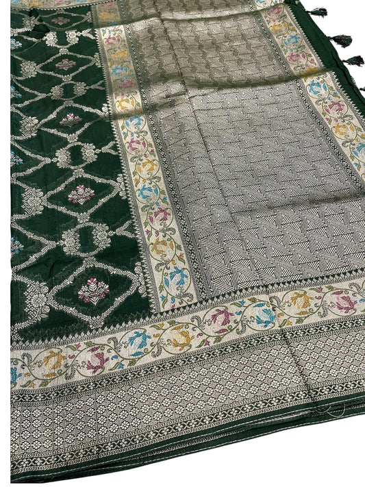 Southloom Banarasi Silk Saree with Woven Work on Body and Borders (Green & Purple)