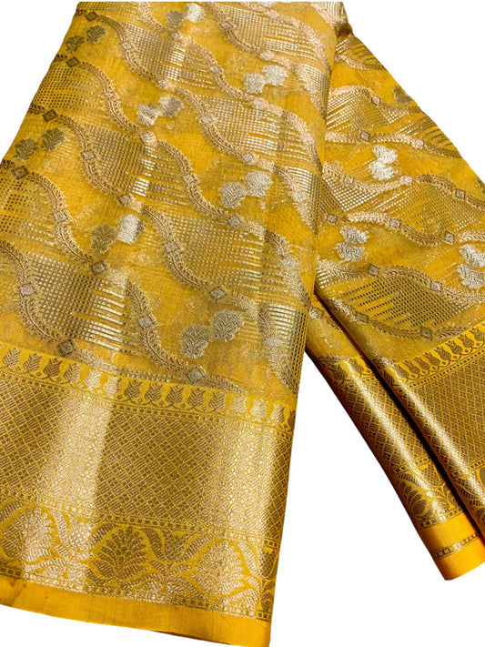 Southloom Tissue Banarasi Silk Saree with Woven Work on Body and Borders (Yellow)