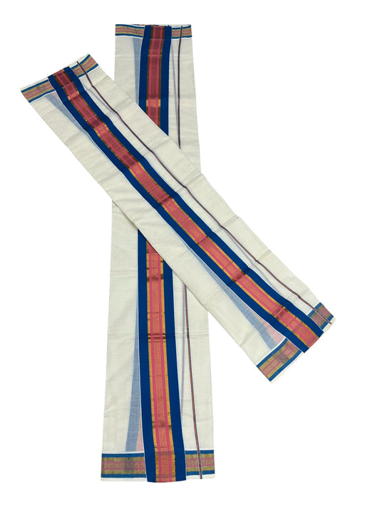 Kerala Cotton Kasavu Set Mundu (Mundum Neriyathum) with Blue And Pink Border