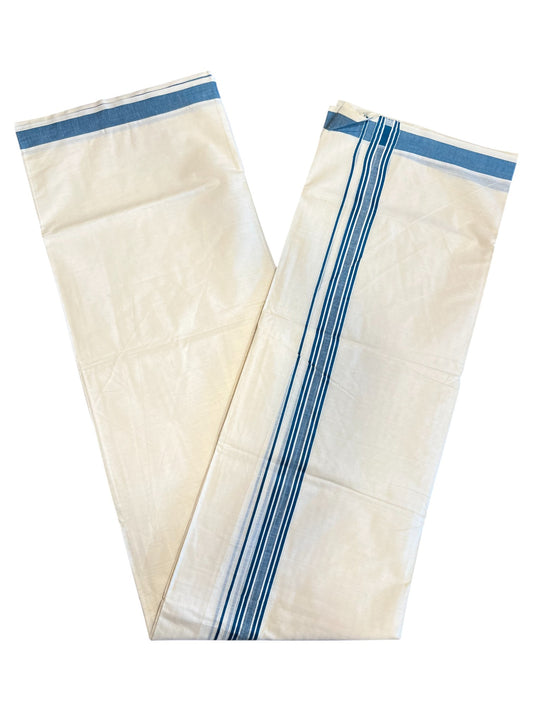 Southloom Pure Cotton Double Mundu With White Lines & Blue Border (South Indian Kerala Dhoti)