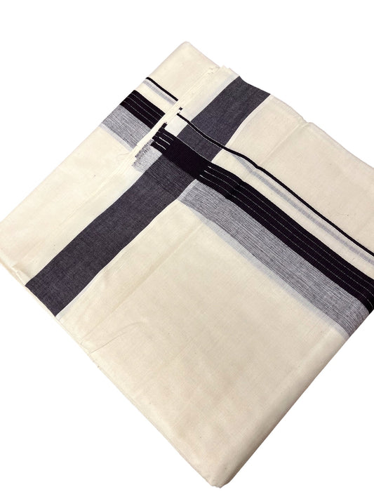 Southloom Kerala Pure Cotton Double Mundu with Grey Lines & Purple Border (South Indian Dhoti)