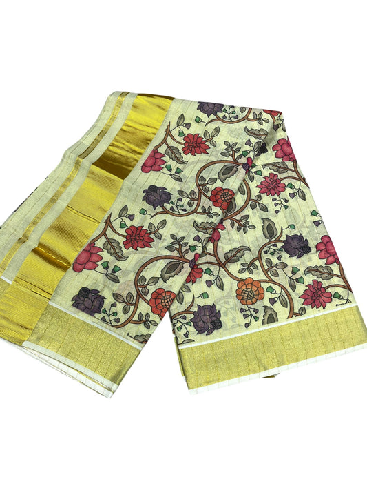 Southloom Tissue Stripes Kalamkari Print Kerala Kasavu Saree