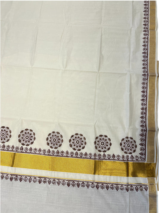 Southloom Cotton Kerala Kasavu Saree with Brown and Maroon Block Prints On Border