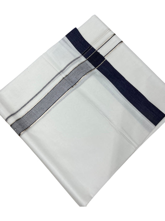Southloom Pure White Cotton Double Mundu with Silver Lines and Blue Border (South Indian Dhoti)