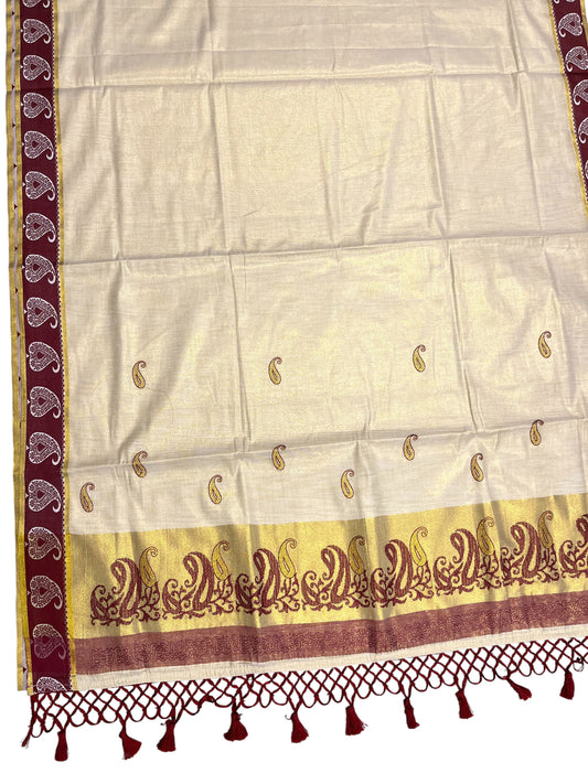 Southloom Kerala Tissue Kasavu Plain Saree with Maroon Floral Embroidery Works
