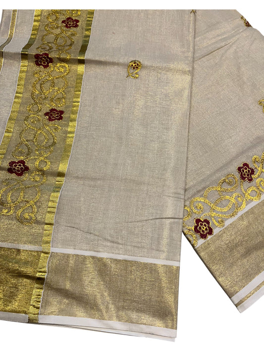 Southloom Kerala Tissue Kasavu Saree with Golden Embroidery Work on Body