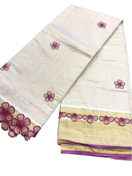 Southloom Kerala Tissue Kasavu Saree with Magenta Floral Embroidery on Body and Border