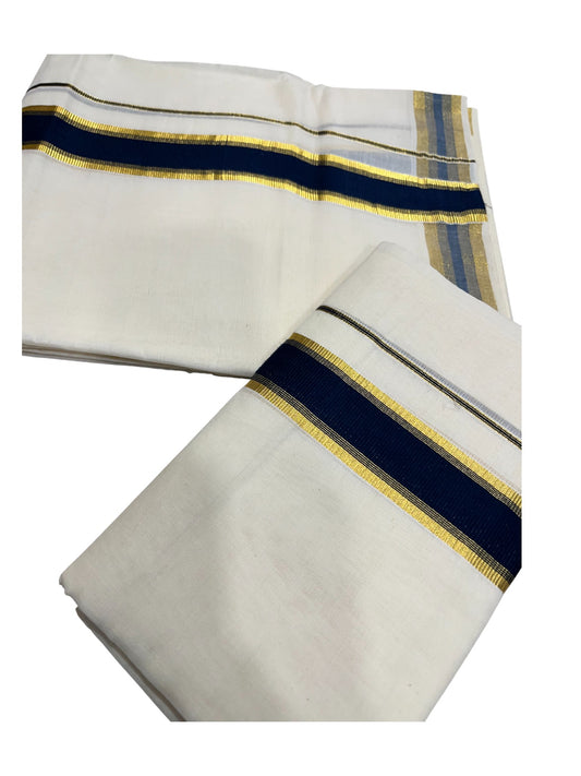Kerala Cotton Set Mundu (Mundum Neriyathum) with Kasavu and Blue Border
