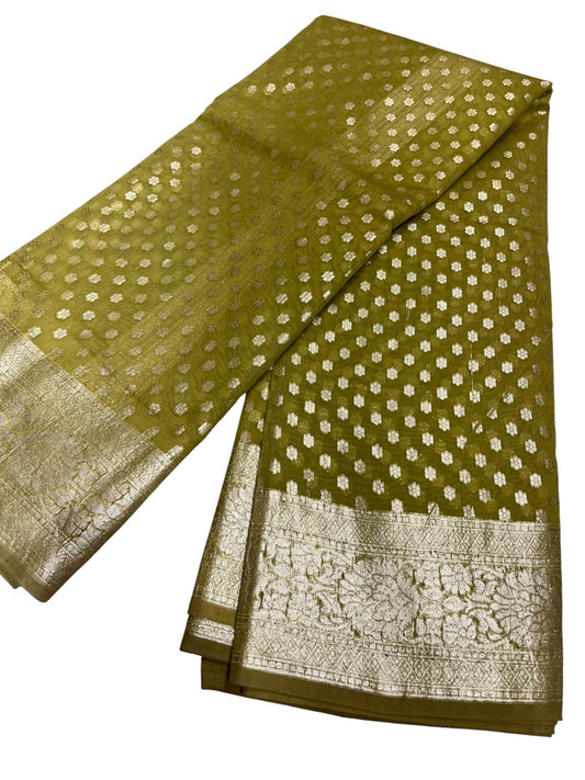 Southloom Cotton Banarasi Silk Saree with Woven Work on Body and Borders (Green)