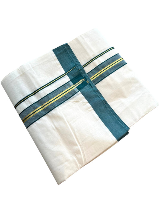 Southloom Pure Cotton Mundu with Golden Lines and Peacock Green Border (South Indian Kerala Dhoti)