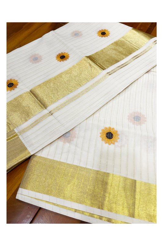 Southloom Kerala Cotton Kasavu Lines Saree with Yellow Floral Embroidery Works on Body