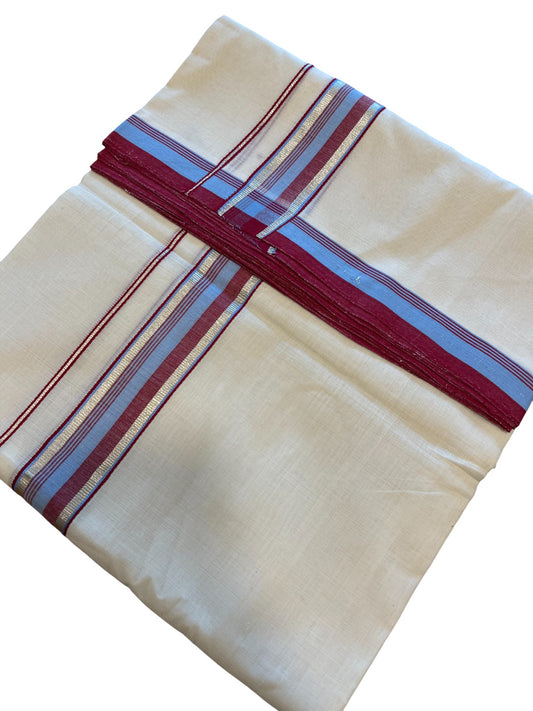 Southloom Premium Handloom Cotton Double Mundu with Red and Blue Border