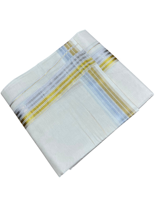 Southloom Kerala Pure Cotton Double Mundu with Silver & Gold Line Border (South Indian Dhoti)