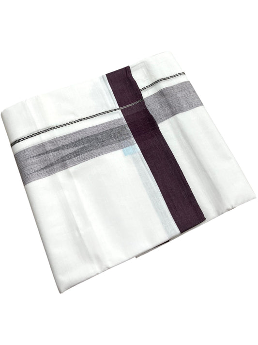 Southloom Pure White Cotton Mundu with Dark Purple Border (South Indian Kerala Dhoti)