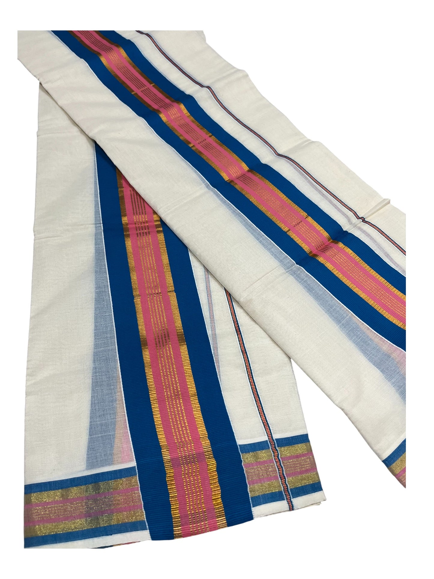 Kerala Cotton Kasavu Set Mundu (Mundum Neriyathum) with Blue And Pink Border
