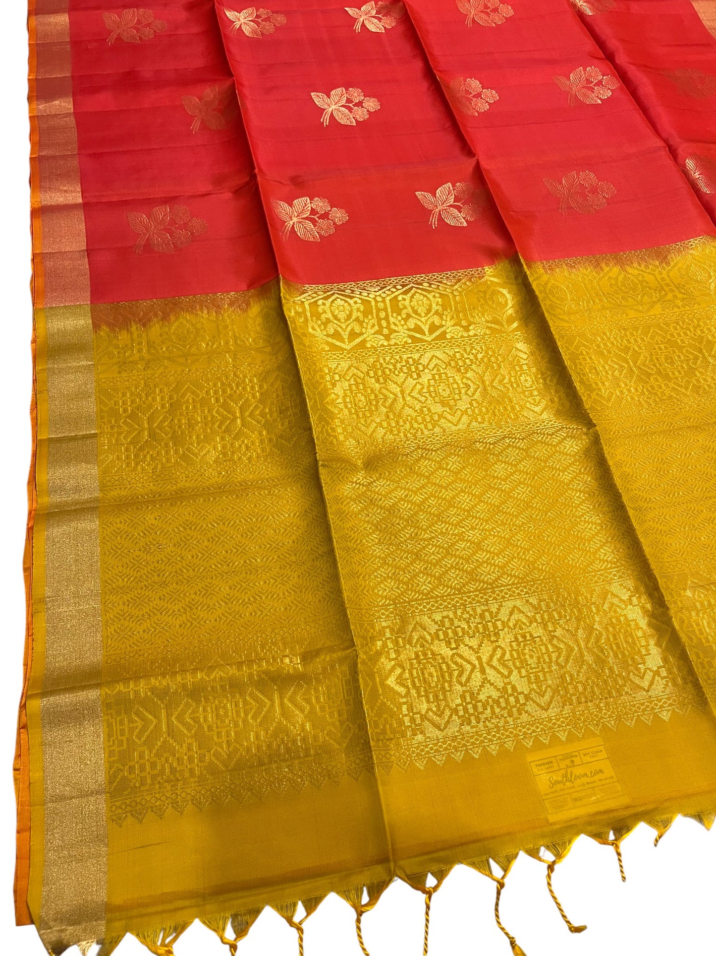 Southloom Pure Handloom Kanchipuram Silk Saree with Butta Work (Yellow & Orange)