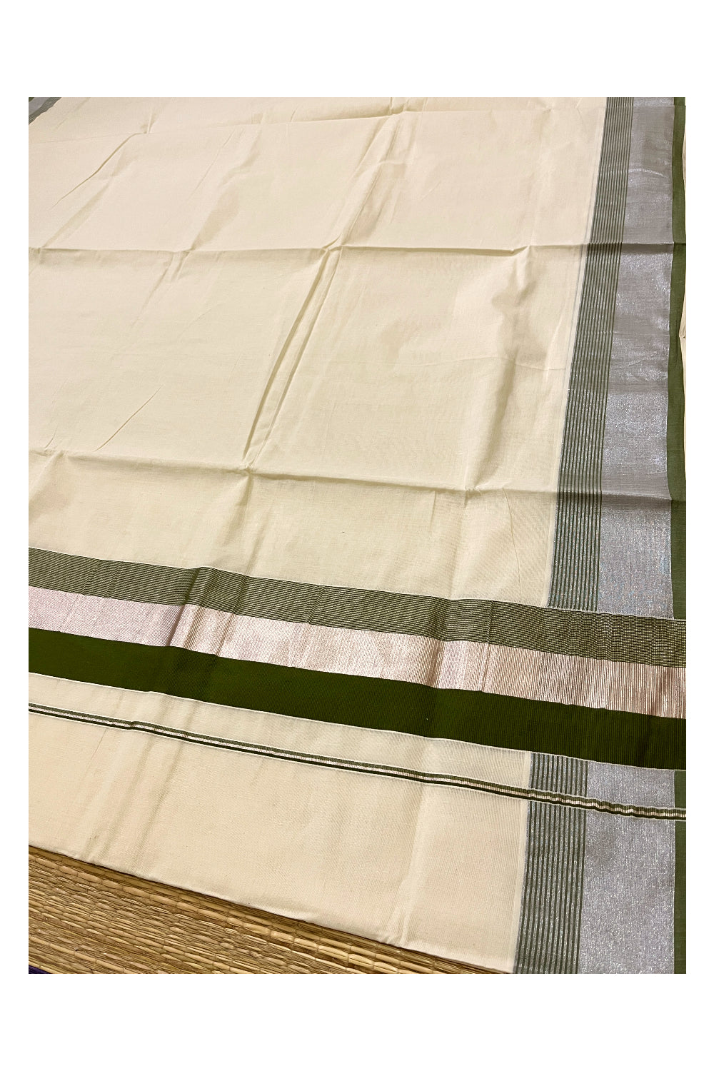 Kerala Pure Cotton Plain Saree with Silver Kasavu and Green Border