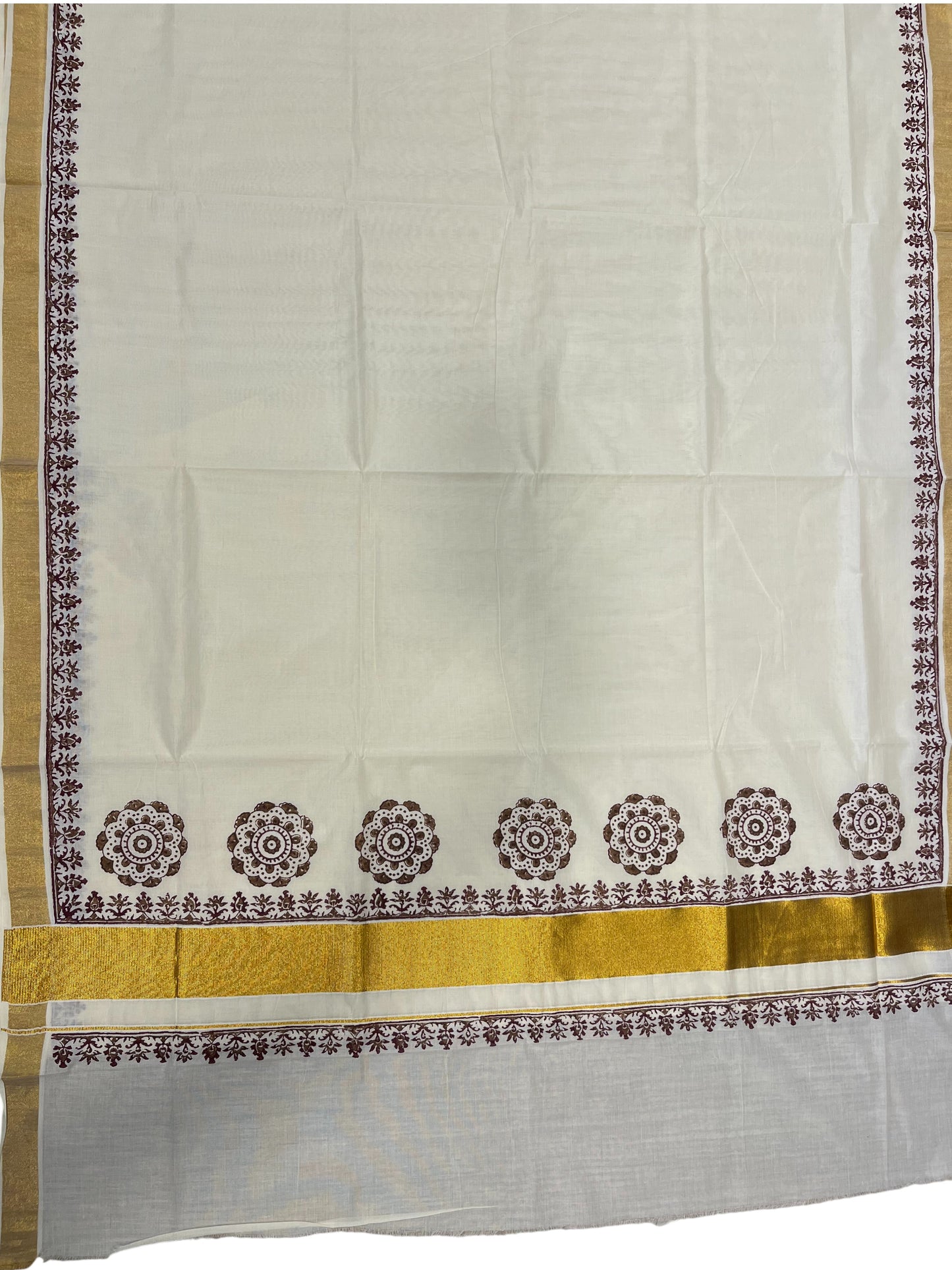 Southloom Cotton Kerala Kasavu Saree with Brown and Maroon Block Prints On Border