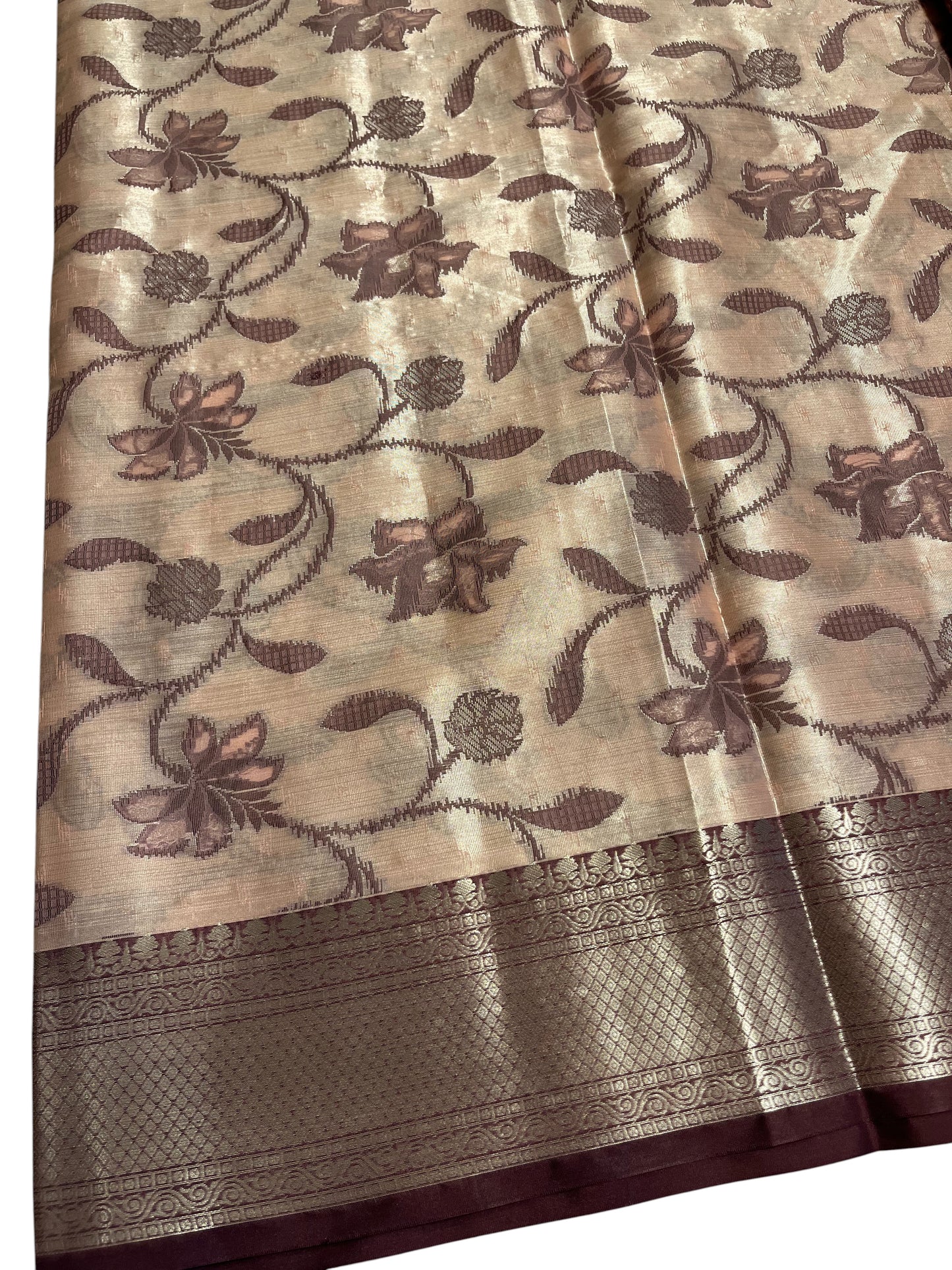 Southloom Tissue Silk Saree with Woven Work on Body and Borders (Peach & Brown)