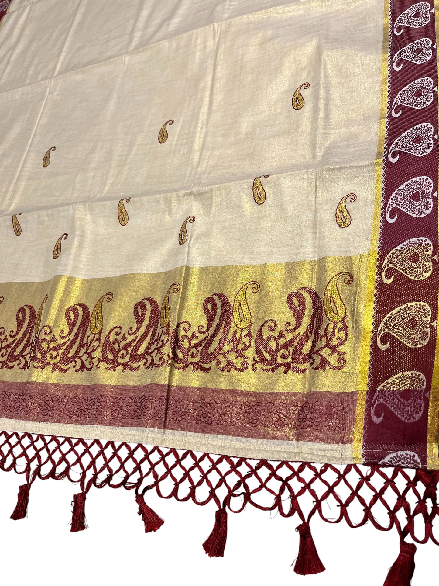 Southloom Kerala Tissue Kasavu Plain Saree with Maroon Floral Embroidery Works
